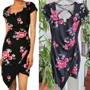 CRAVE FAME Sz Small Black Floral Frame Dress Bodycon Asymmetrical NWT Spring